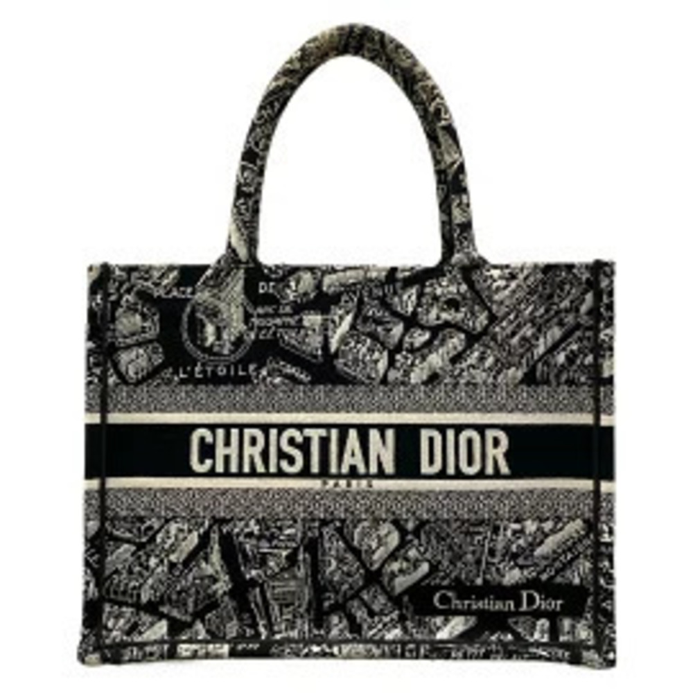 Christian Dior Book Tote Bag Plan De Paris Embroidery Leather Black White